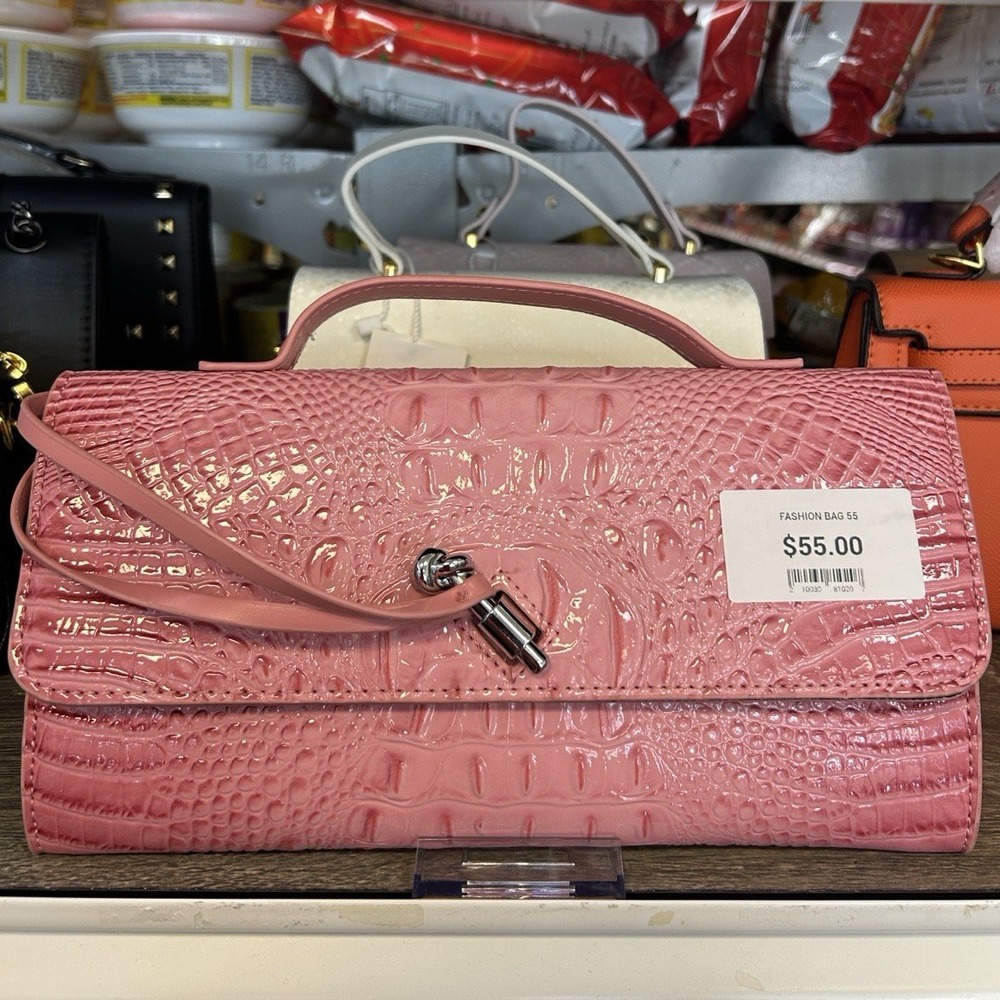 Pink Croc Embossed Large Top Handle Satchel Silver Turn Lock, Detachable Strap